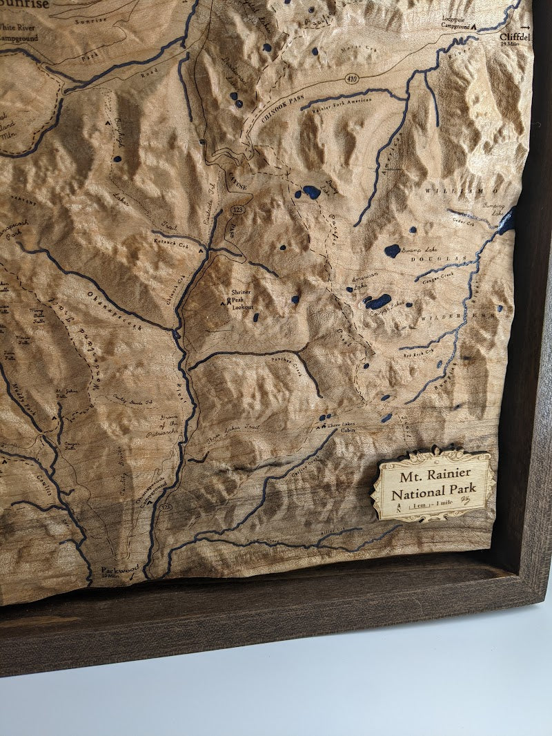 Mt. Rainier National Park - Handcrafted Wood Topographical Maps